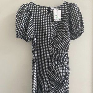 Never Worn Ganni Gingham Puff Sleeved Navy Blue Black Dress
